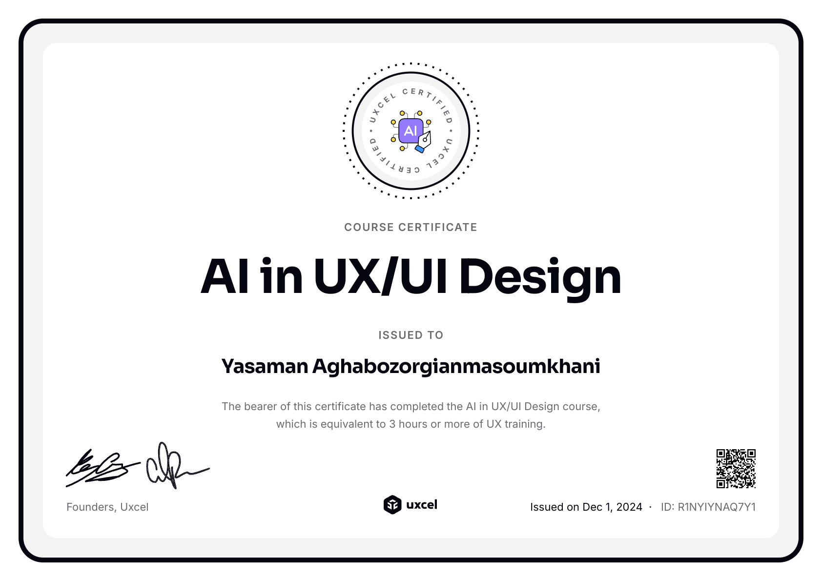 Yasaman Aghabozorgianmasoumkhani's certificate